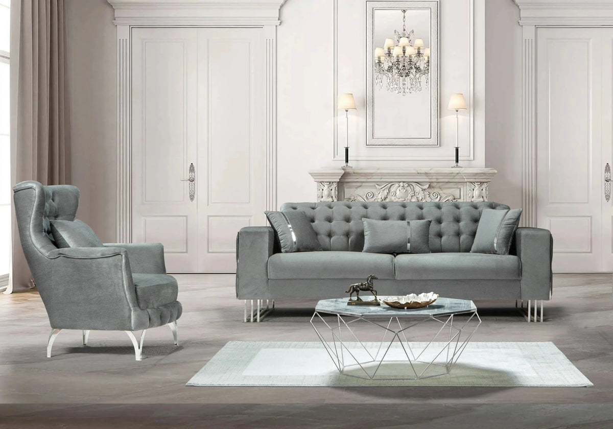 Canapé d'angle capitonné en velours gris | Ribella