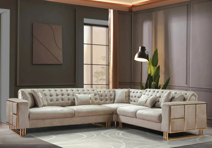 Canapé design capitonné velours beige et métal doré | Ribella