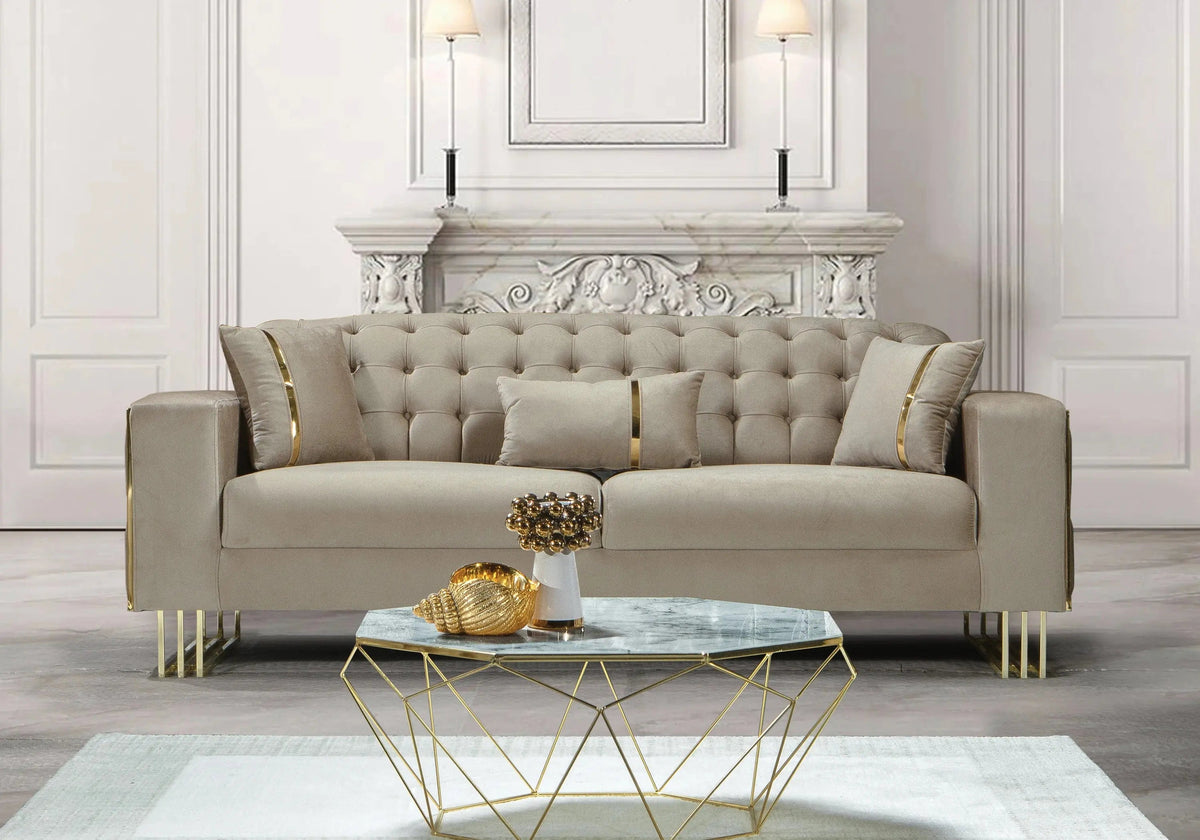Canapé design capitonné velours beige et métal doré | Ribella
