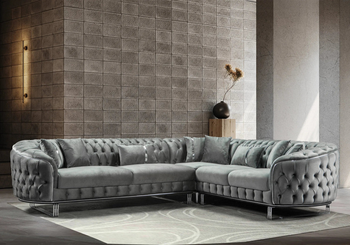 canape angle capitonne velours gris dore chesterfield paris - Vue 1 - KOORIS