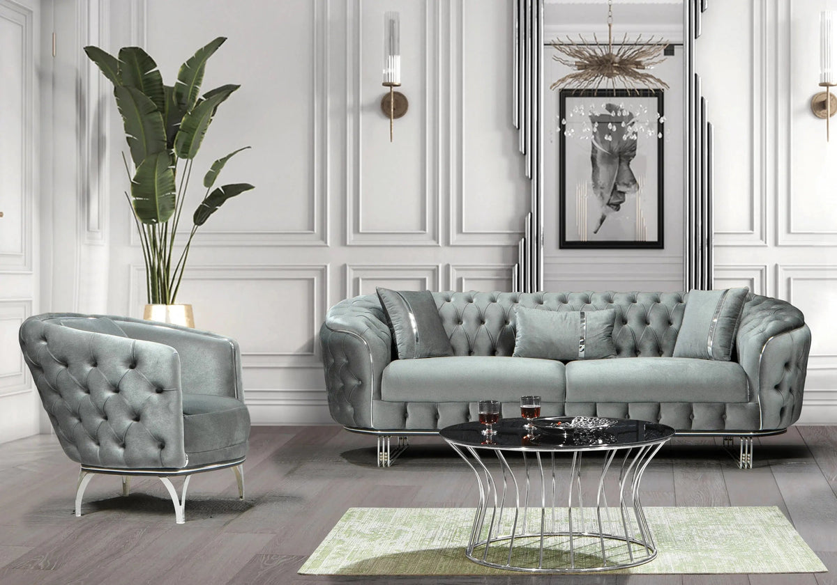 canape chesterfield velours gris argent paris - Vue 1 - KOORIS