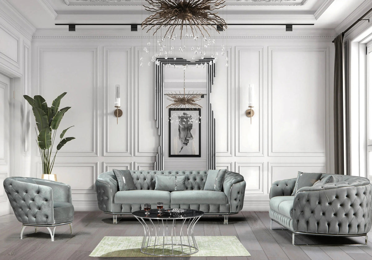 canape chesterfield velours gris argent paris - Vue 2 - KOORIS