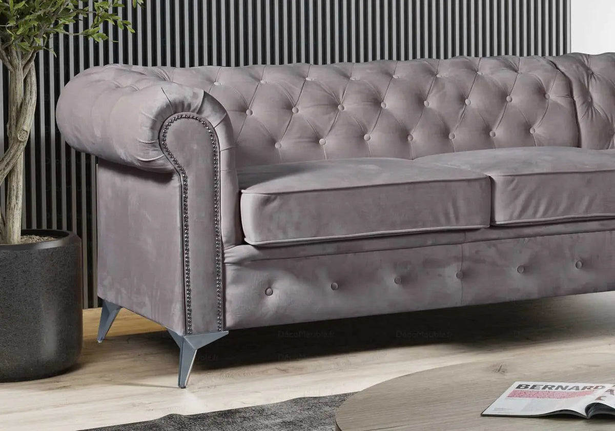 Canapé d'angle chesterfield capitonné gris | Nexo
