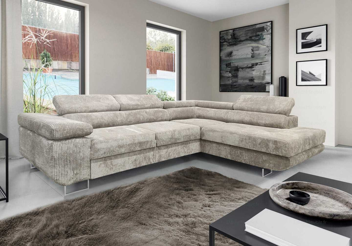 Canapé d'angle convertible velours côtelé beige | Aven