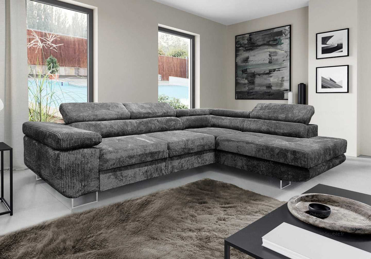 Canapé d'angle convertible velours côtelé gris | Aven