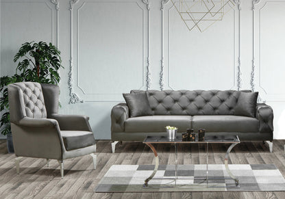 canape chesterfield velours gris argent ella - Vue 1 - KOORIS