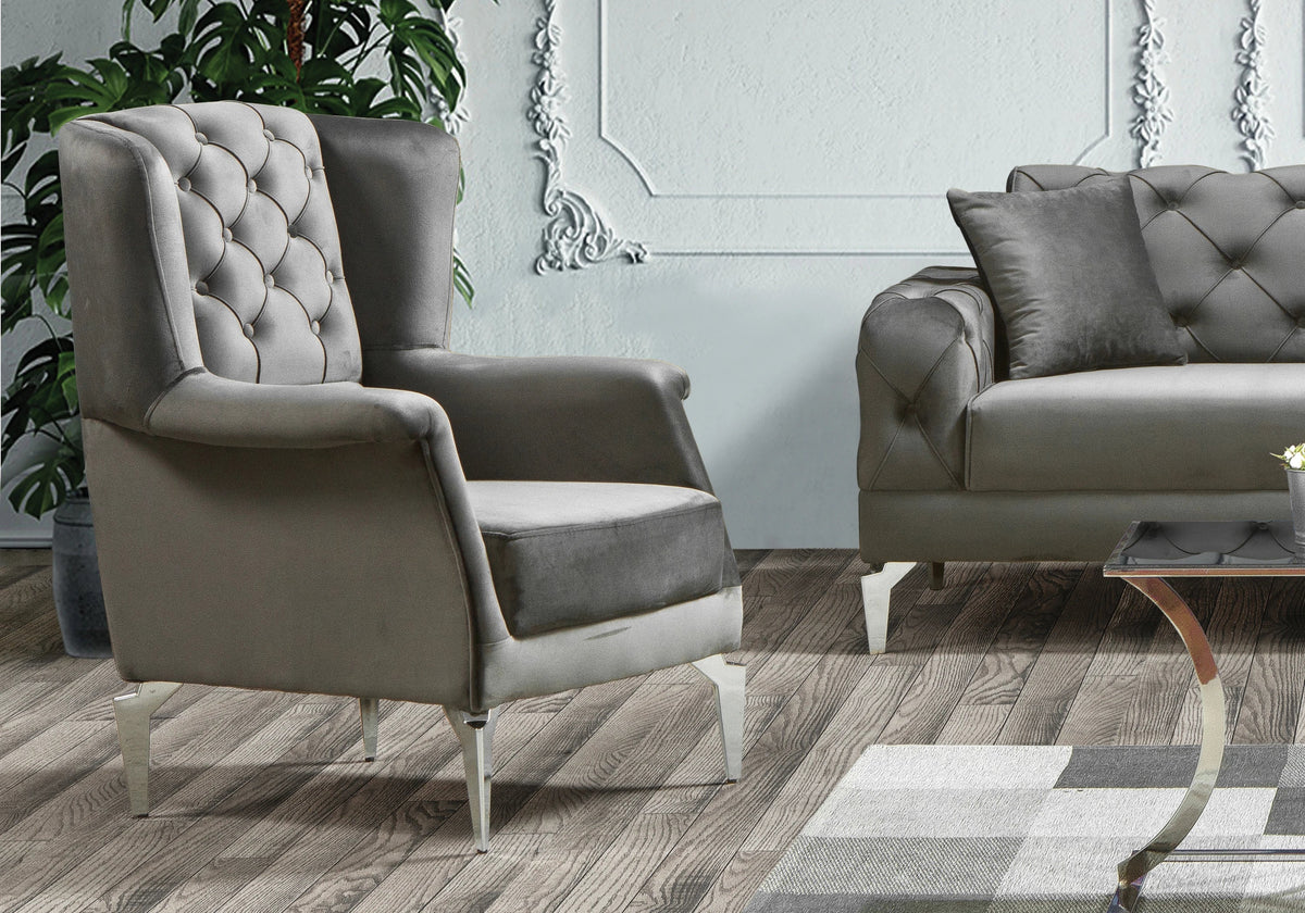 canape chesterfield velours gris argent ella - Vue 7 - KOORIS