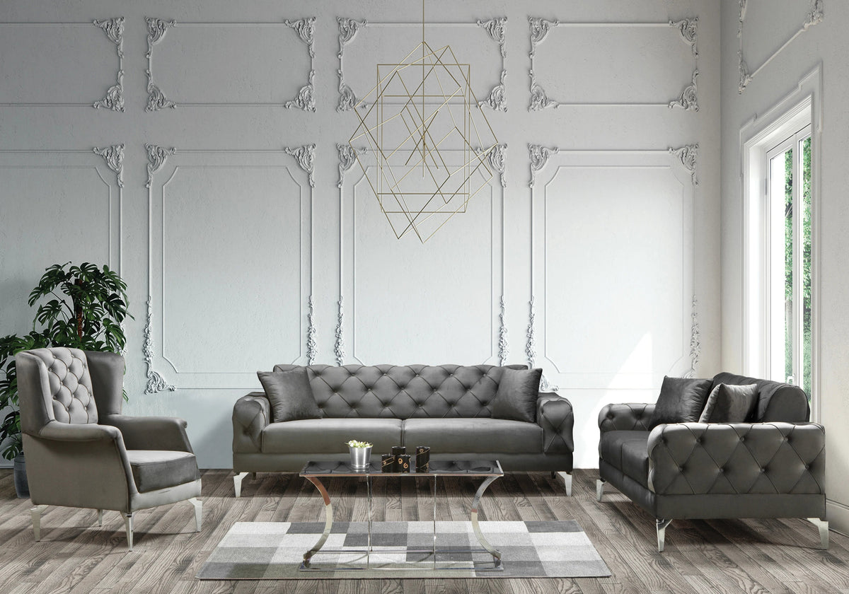 canape chesterfield velours gris argent ella - Vue 2 - KOORIS