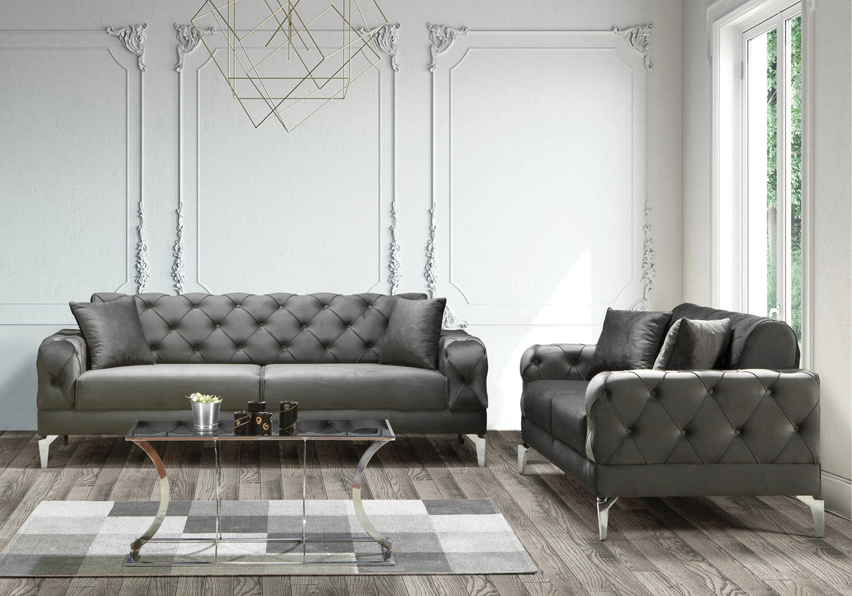 canape chesterfield velours gris argent ella - Vue 8 - KOORIS