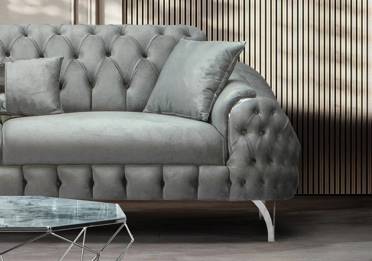 canape capitonne velours gris argent bella - Vue 6 - KOORIS