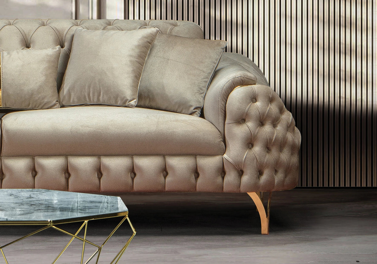 canape capitonne velours beige dore bella - Vue 6 - KOORIS