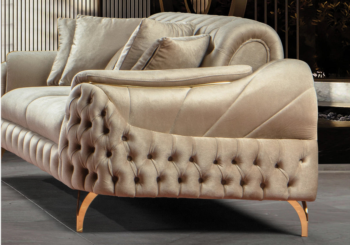 canape capitonne velours beige dore bella - Vue 7 - KOORIS