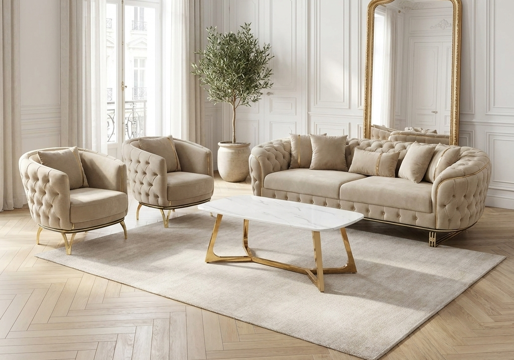 canape turc capitonne velours beige dore paris - Vue 1 - KOORIS