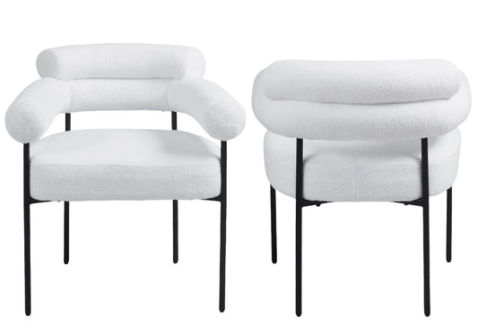 Fauteuil de table tissu bouclé blanc pieds noirs | Kove