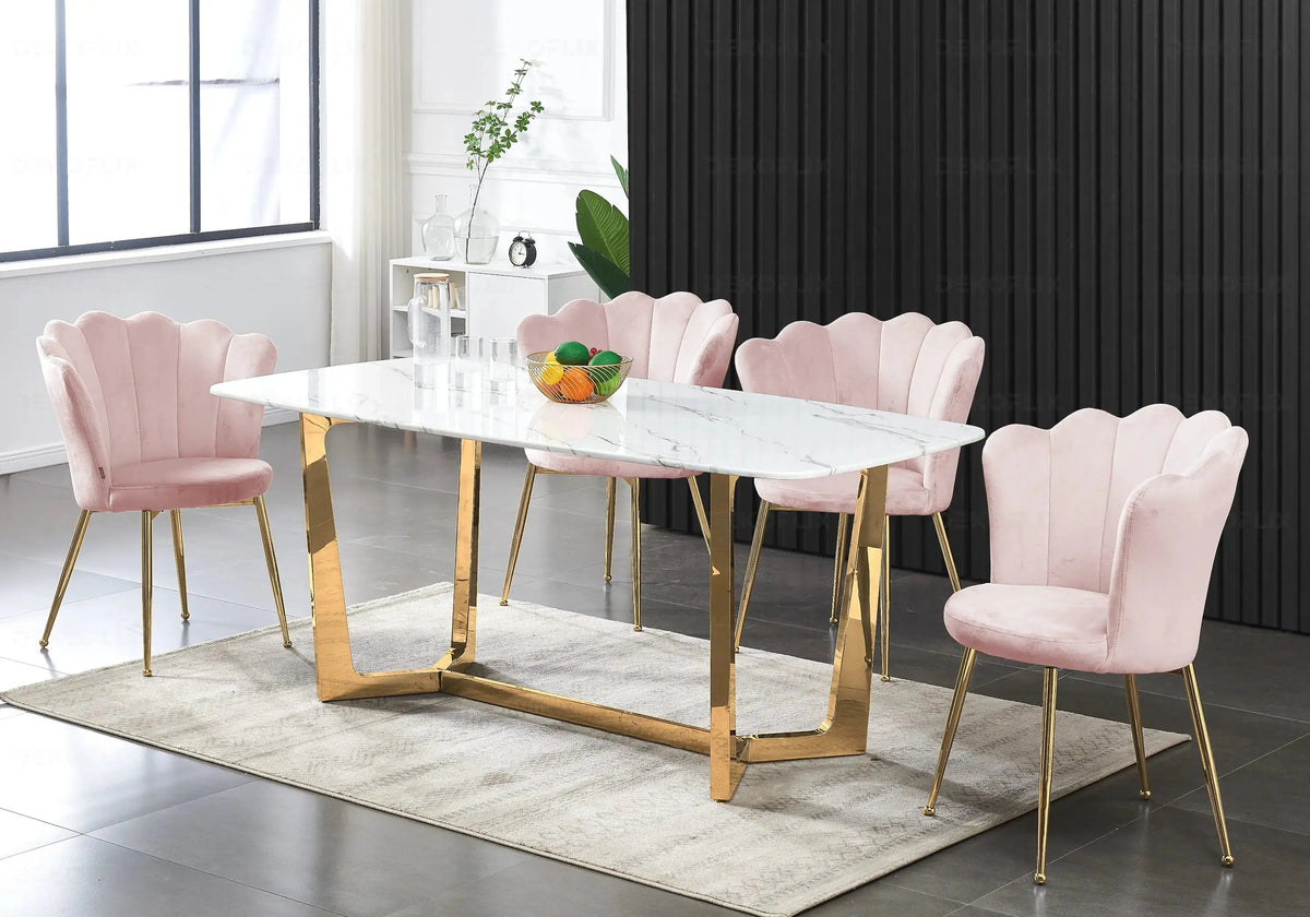 Ensemble table marbre blanc et 4 chaises dorées | Vetra