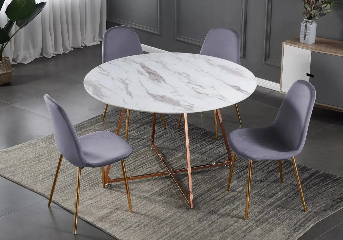Ensemble table ronde marbre et 4 chaises velours | Nico