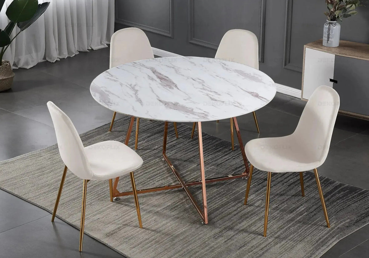 Ensemble table ronde marbre et 4 chaises velours | Nico