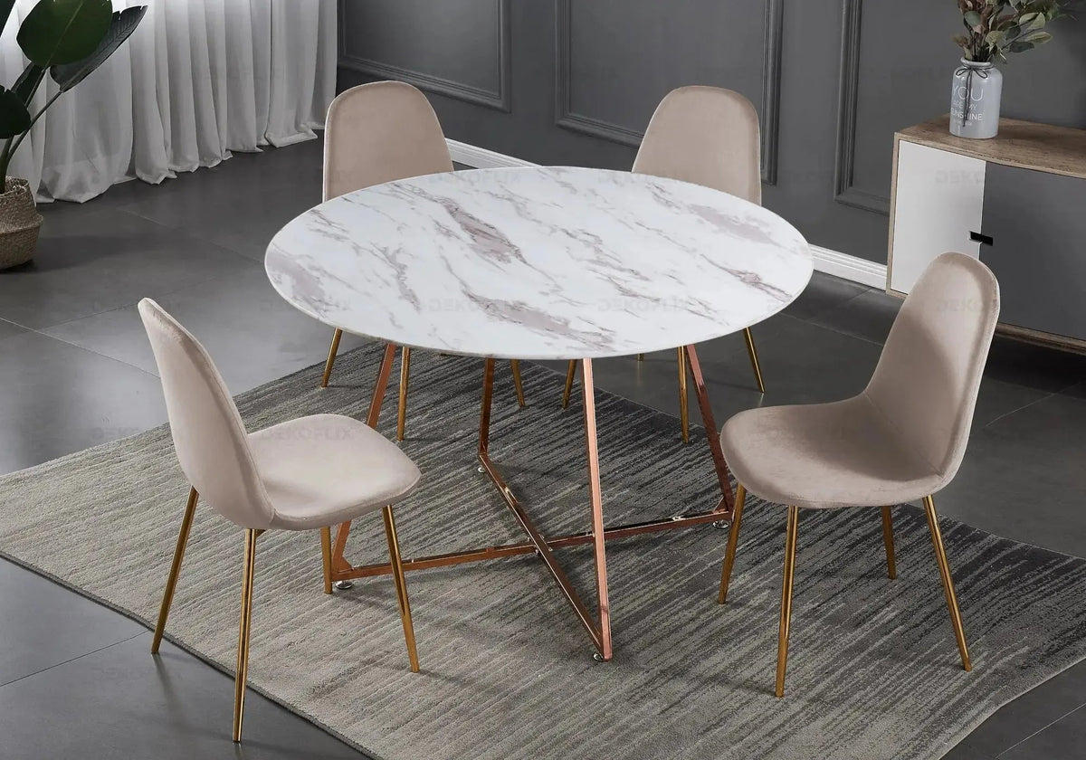 Ensemble table ronde marbre et 4 chaises velours | Nico