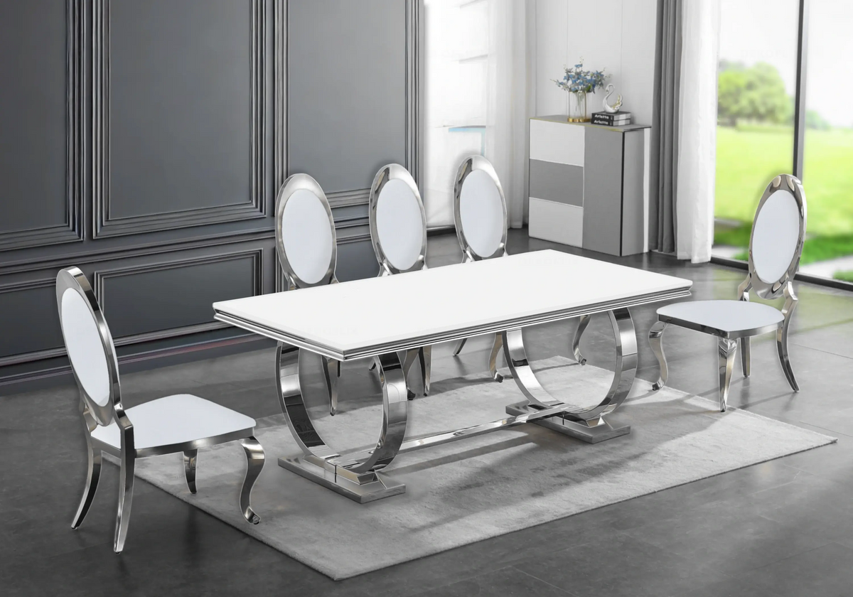 4 chaises médaillon simili-cuir blanc et argent | Novex