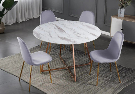 Ensemble table ronde marbre et 4 chaises velours | Nico
