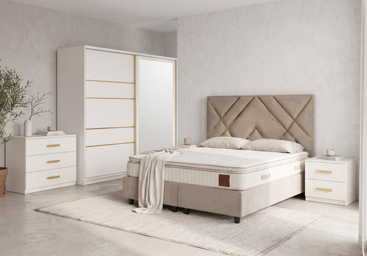 Chambre complète lit coffre armoire 180 beige | Toronto