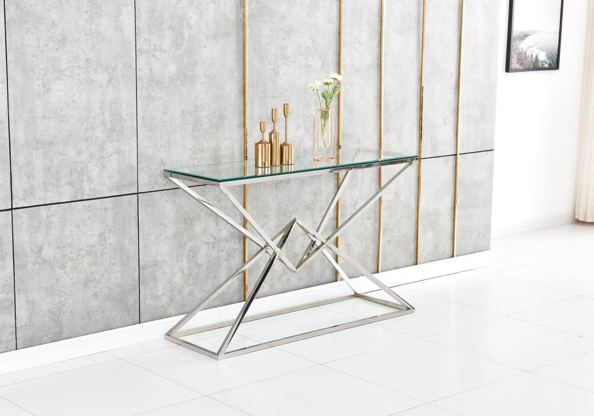 Console d'entrée argentée design verre trempé | Kaelo