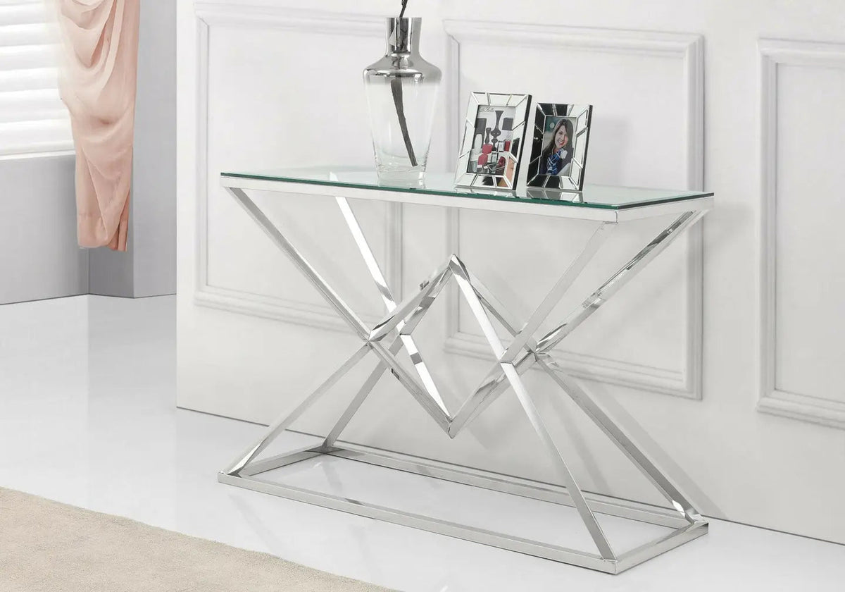 Console d'entrée argentée design verre trempé | Kaelo