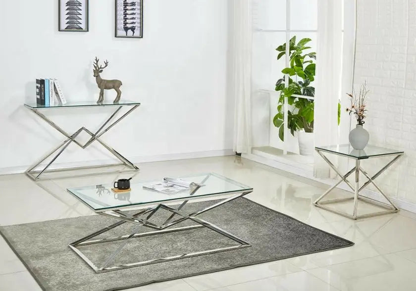 Console d'entrée argentée design verre trempé | Kaelo
