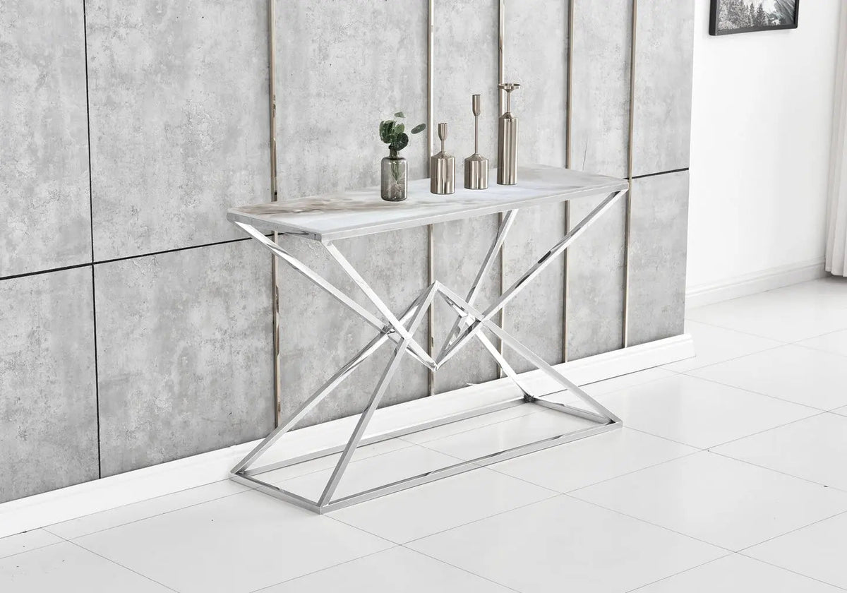 Console d'entrée argentée effet marbre beige | Kaelo