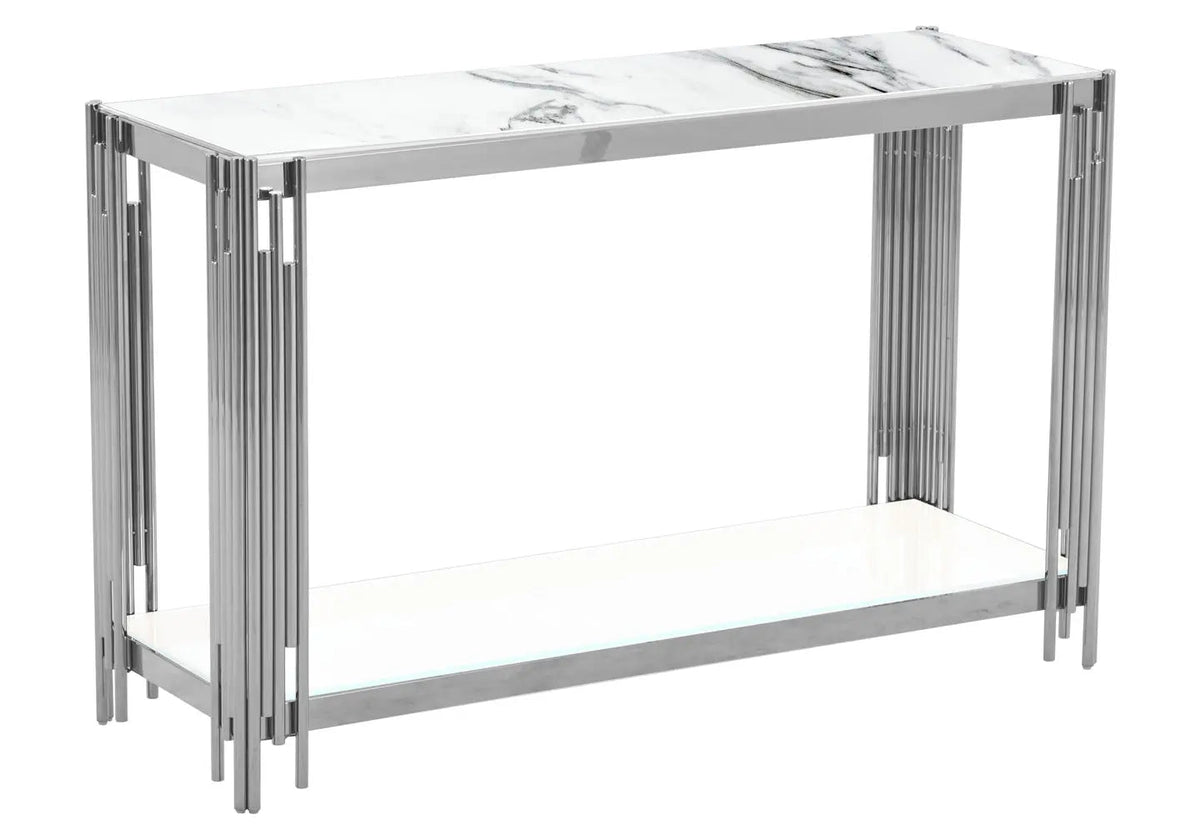 Console d'entrée argentée et effet marbre blanc | Zalys