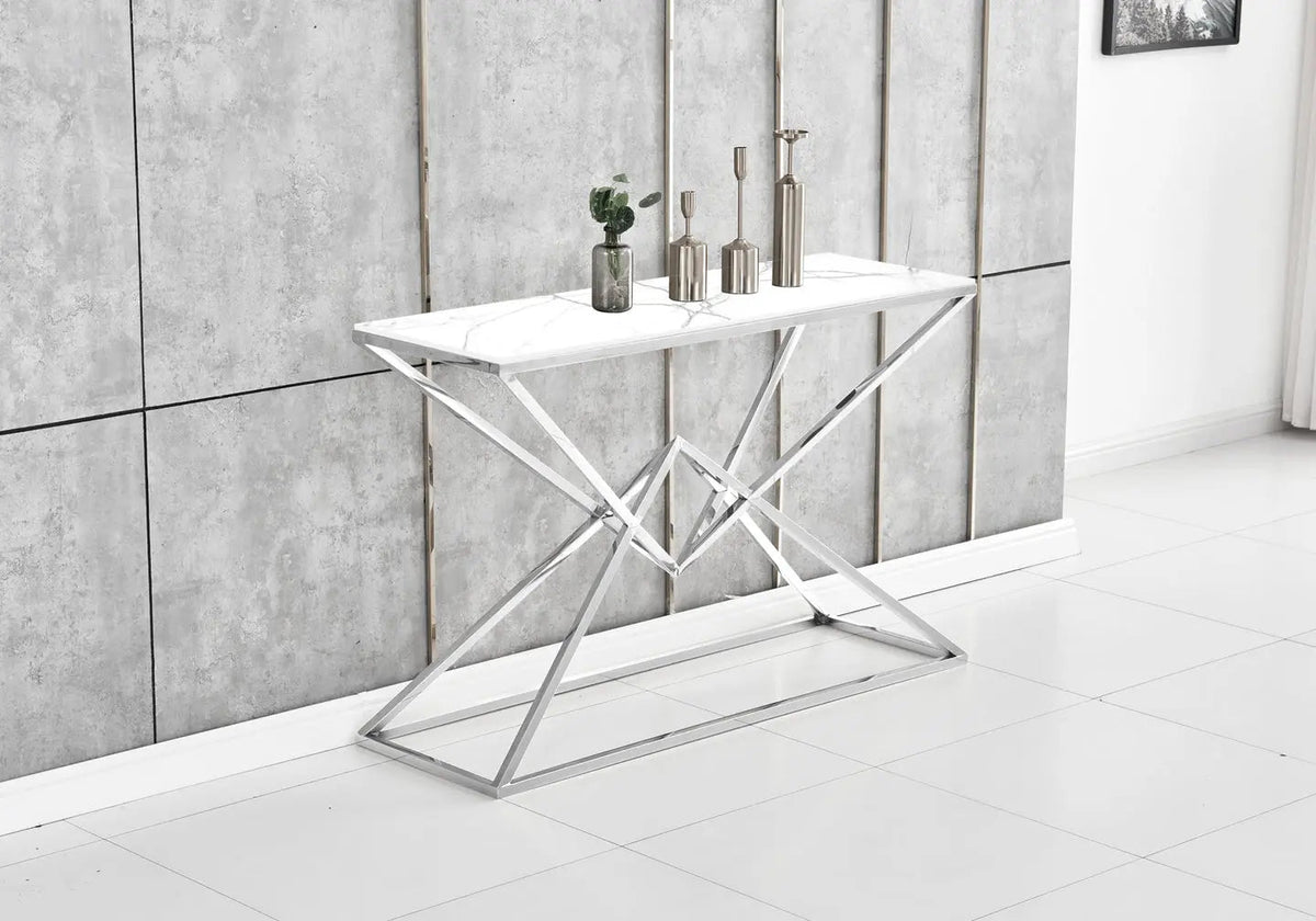 Console d'entrée argentée effet marbre blanc | Kaelo