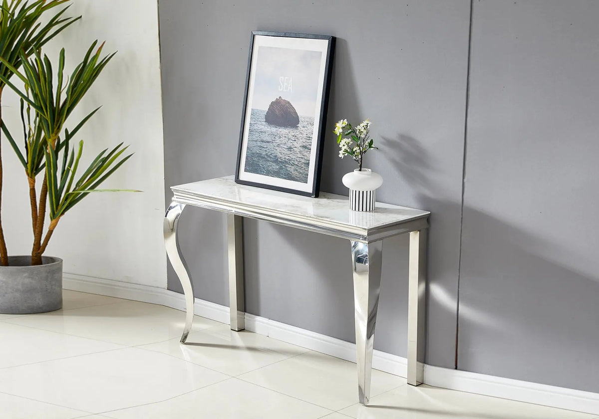 Console d'entrée argentée effet marbre blanc | Solix