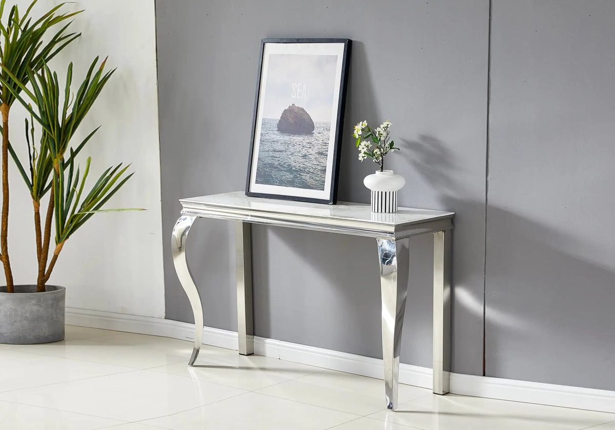 Console d'entrée argentée effet marbre blanc | Solix
