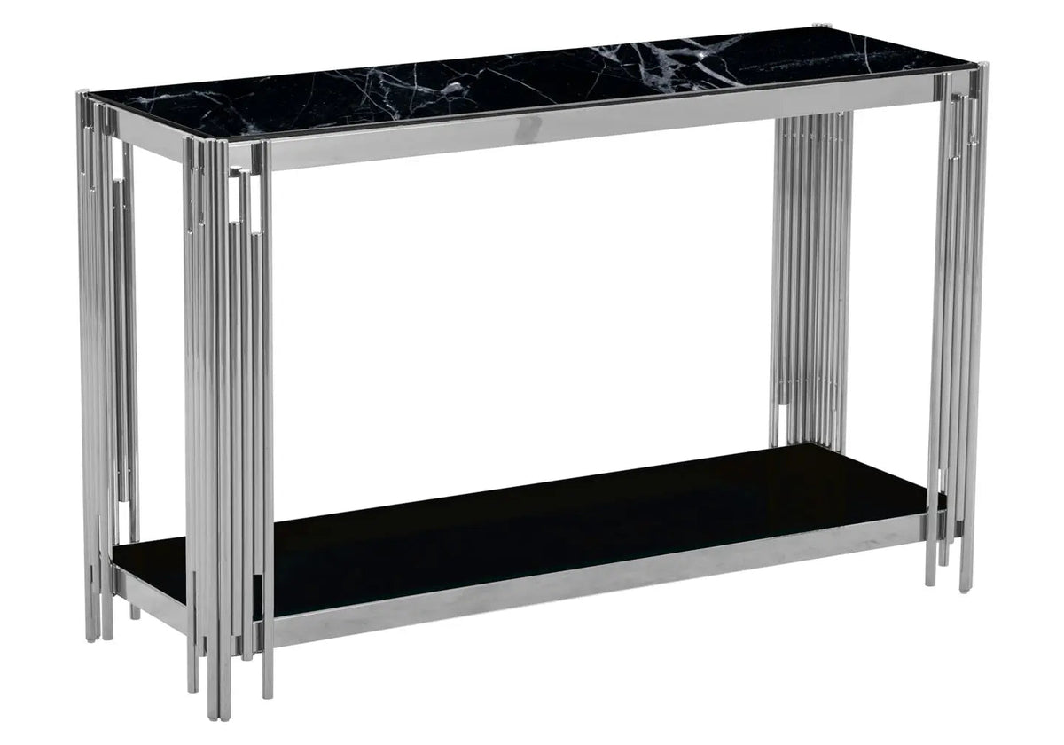 Console design argentée et verre effet marbre noir | Zalys