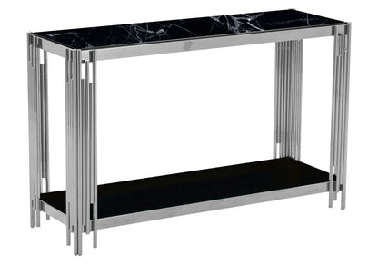 Console design argentée et verre effet marbre noir | Zalys