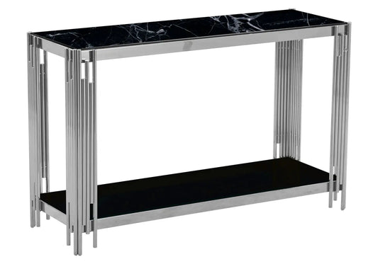 Console design argentée et verre effet marbre noir | Zalys