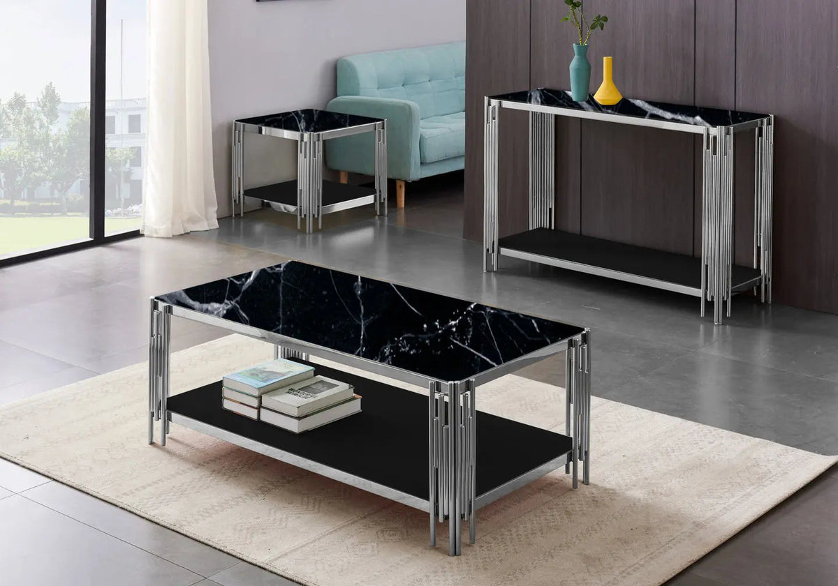 Console design argentée et verre effet marbre noir | Zalys