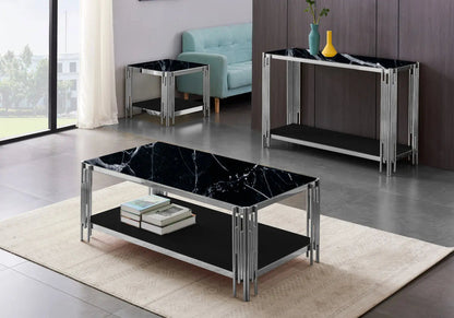 Console design argentée et verre effet marbre noir | Zalys