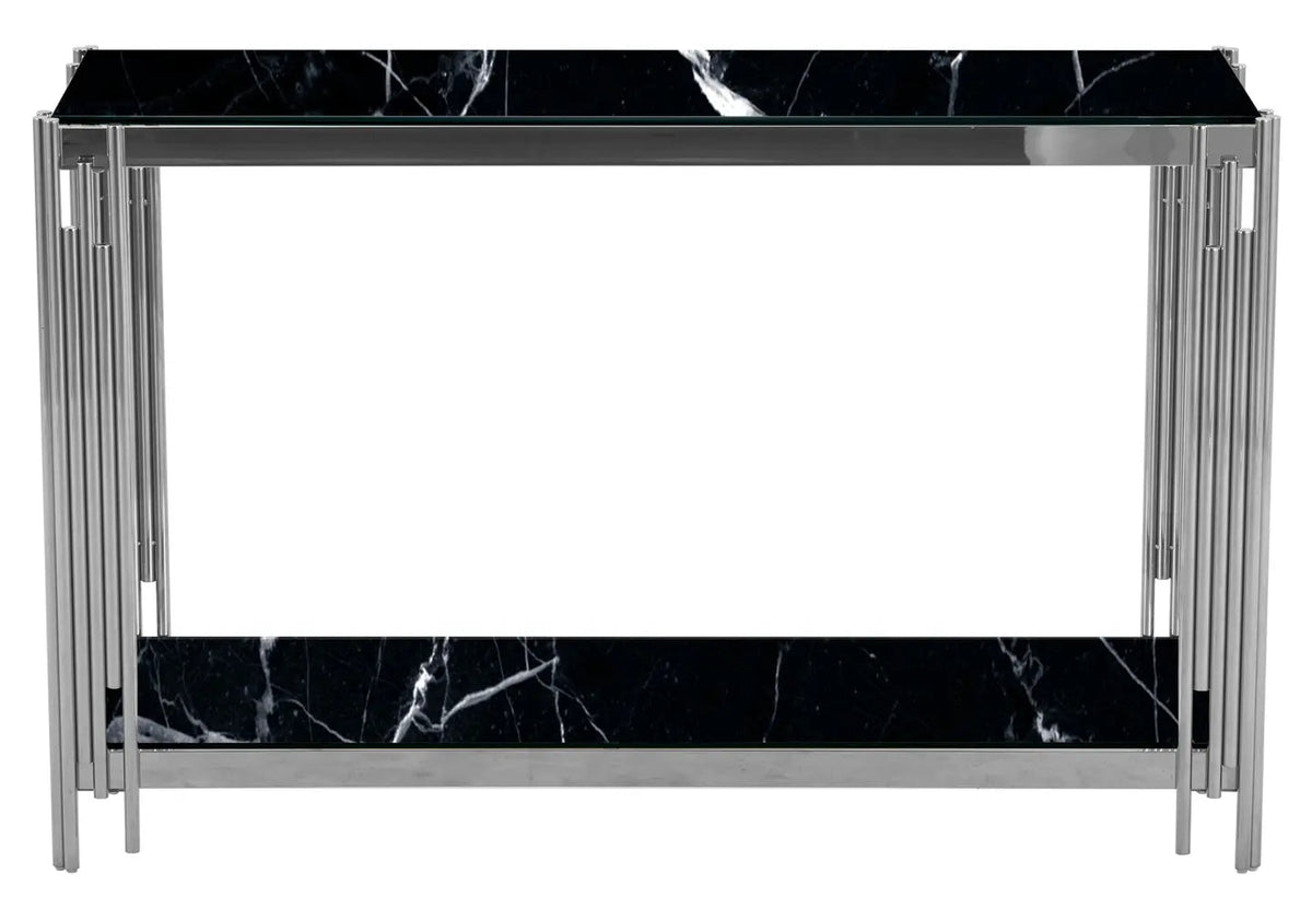 Console design argentée et verre effet marbre noir | Zalys