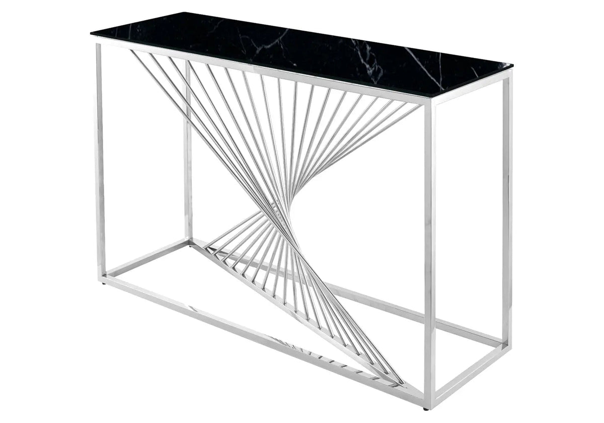 Console design en métal argenté et marbre noir | Cael