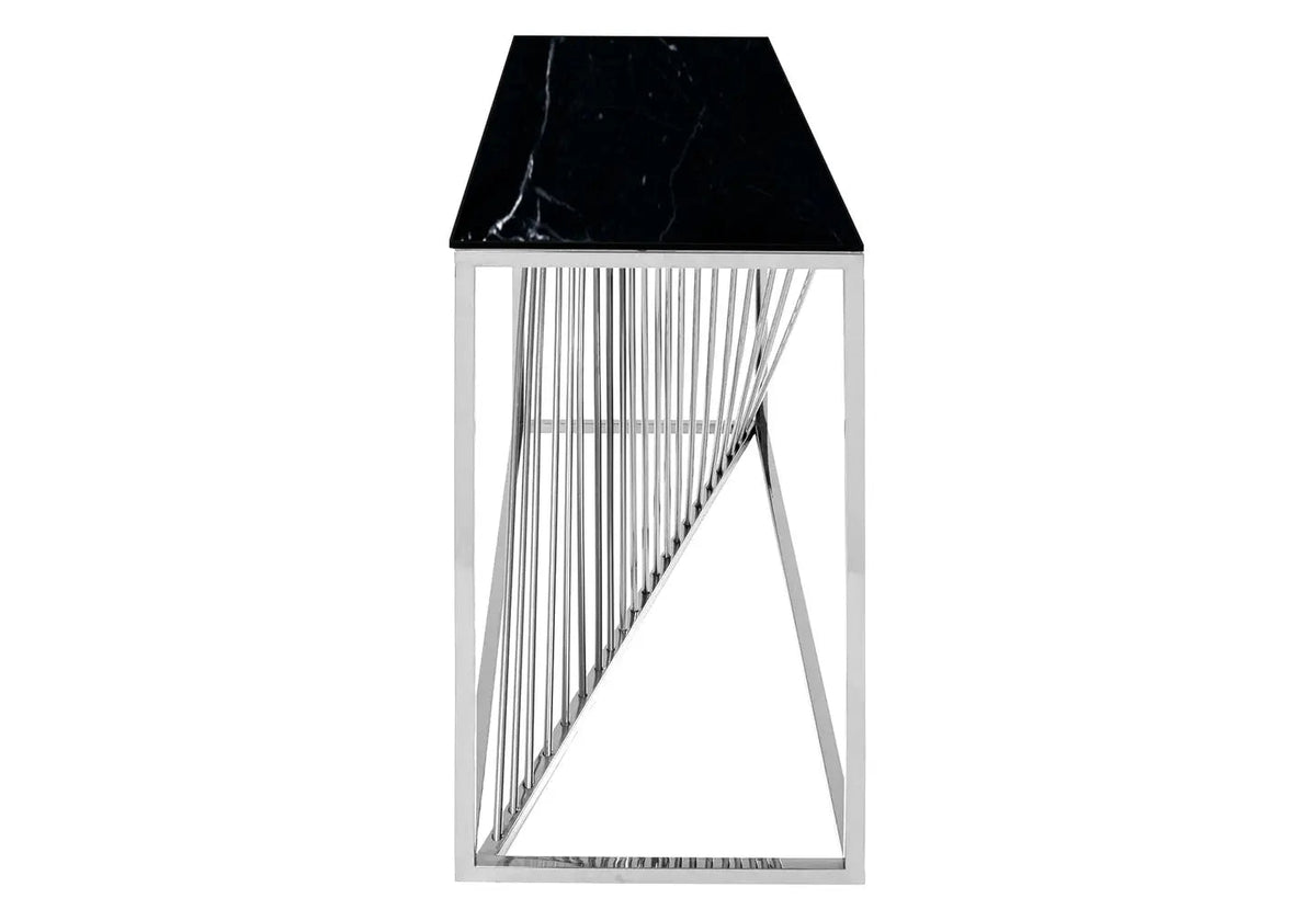 Console design en métal argenté et marbre noir | Cael