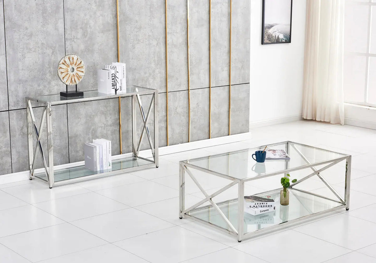 Console design verre trempé et acier argenté | Nexa