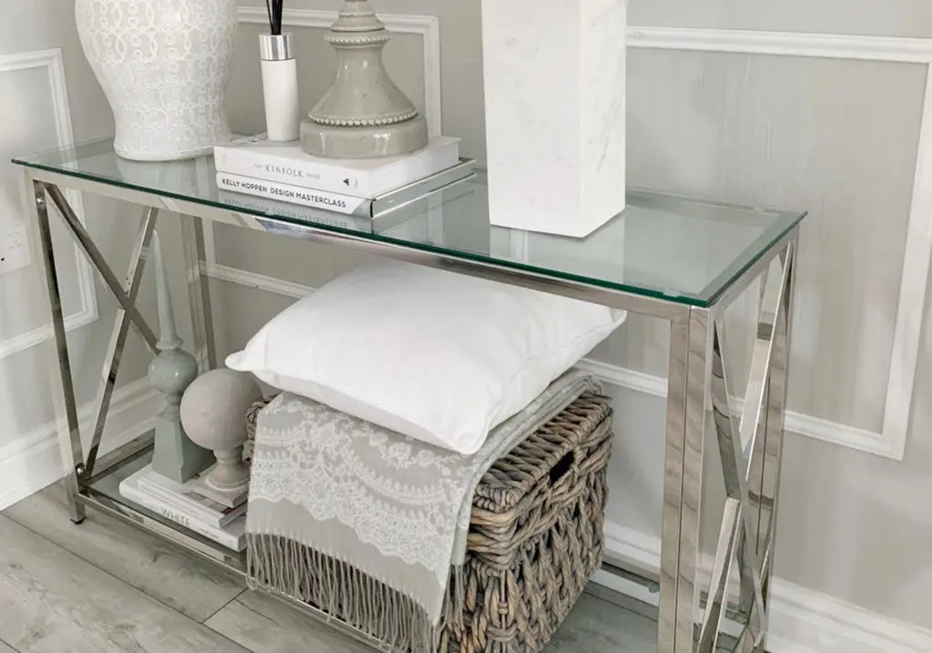 Console design verre trempé et acier argenté | Nexa