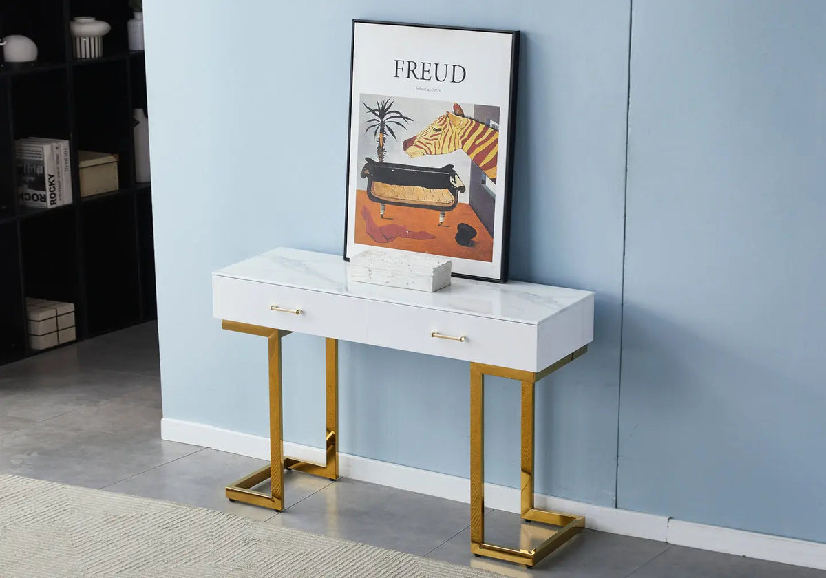 Console coiffeuse d'entrée dorée et marbre beige | Vexta