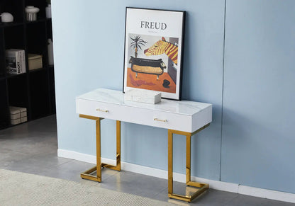 Console coiffeuse d'entrée dorée et marbre beige | Vexta