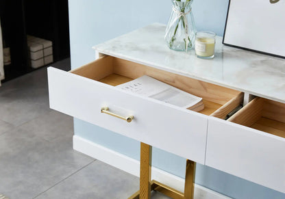 Console coiffeuse d'entrée dorée et marbre beige | Vexta