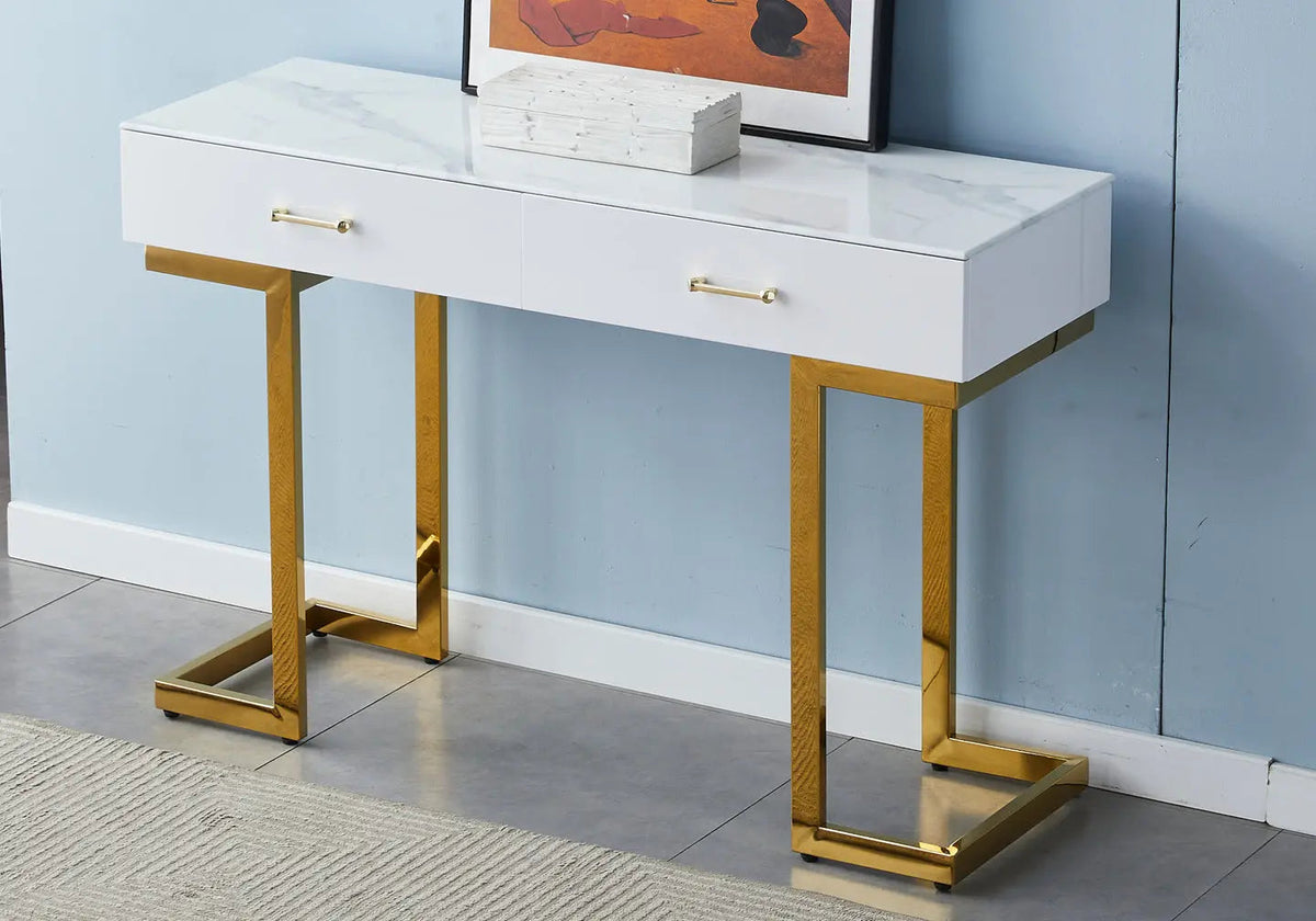 Console coiffeuse d'entrée dorée et marbre beige | Vexta