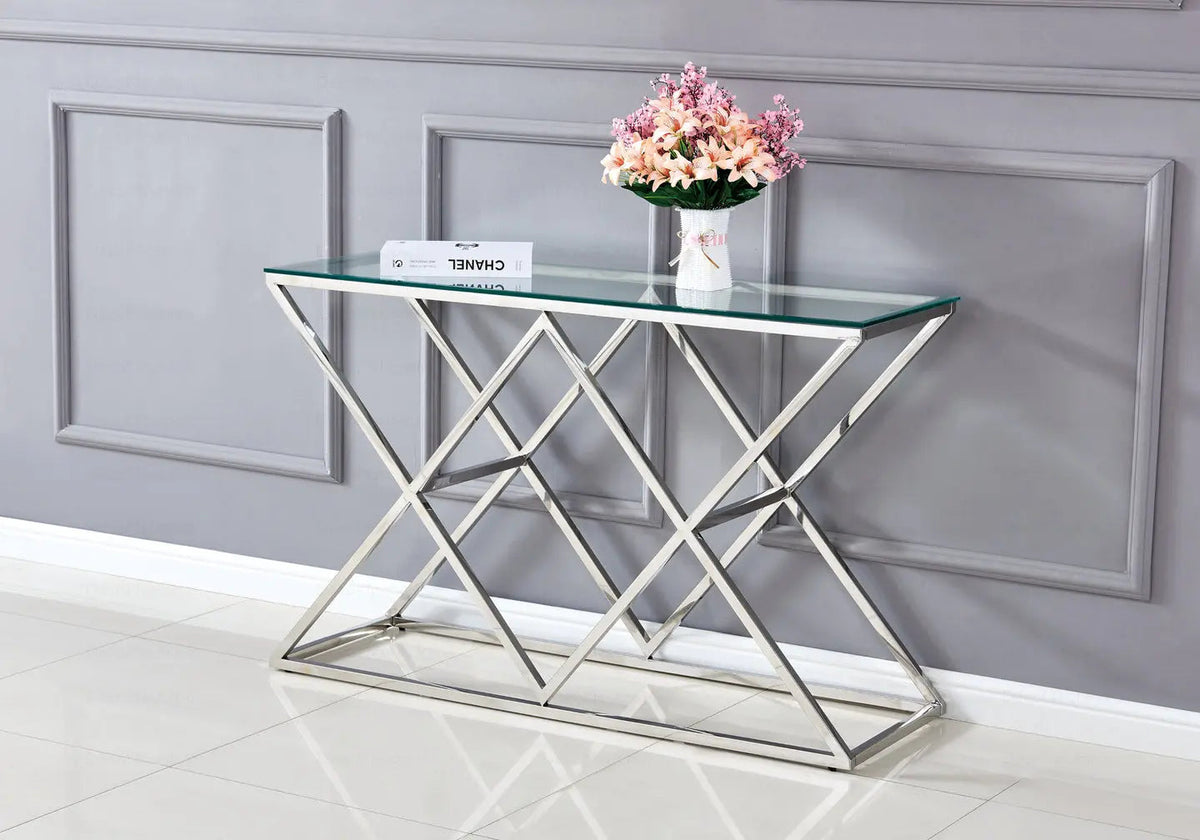 Console d'entrée design verre et pied argent | Vexta