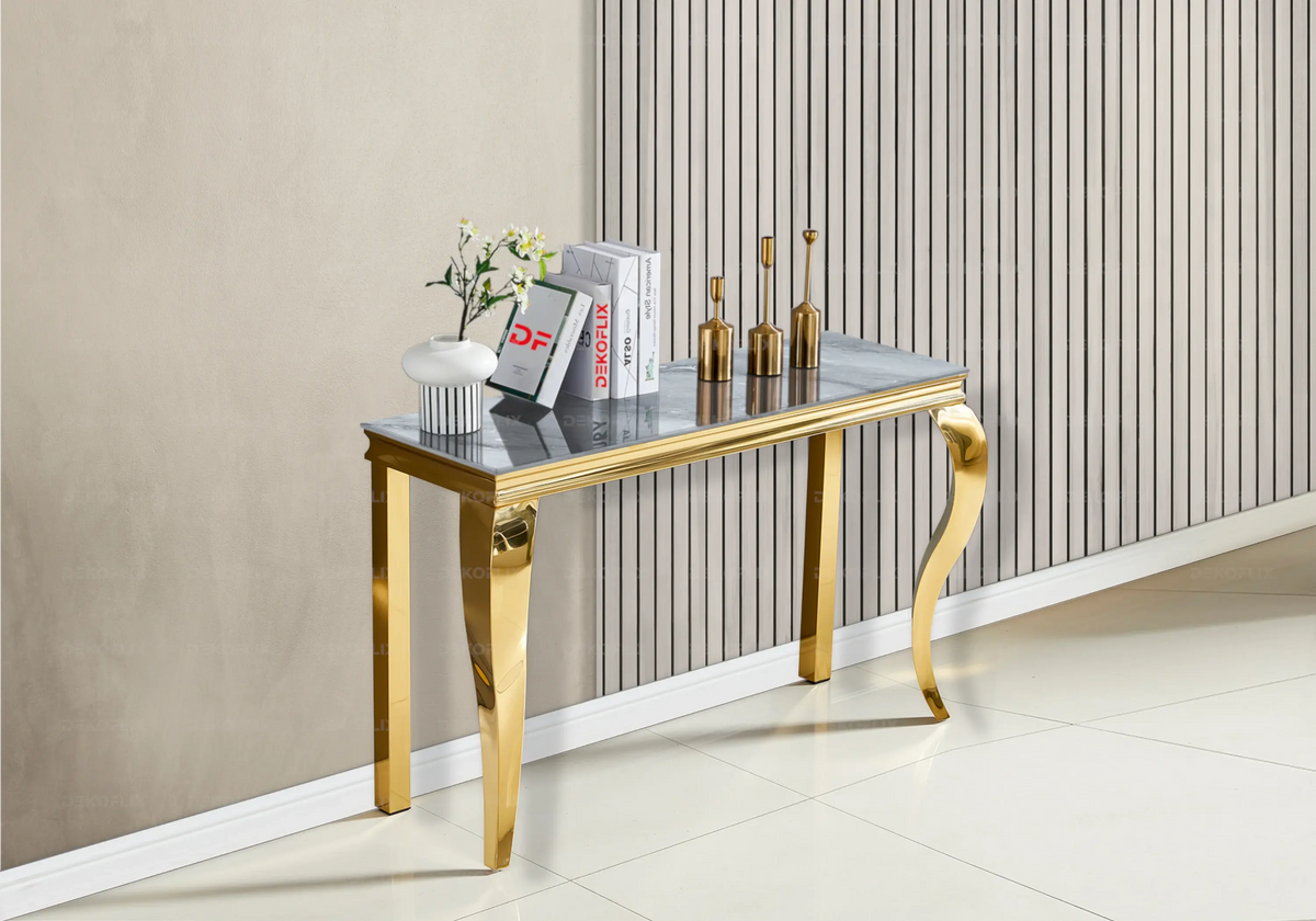 Console d'entrée design marbre gris et acier doré | Halo