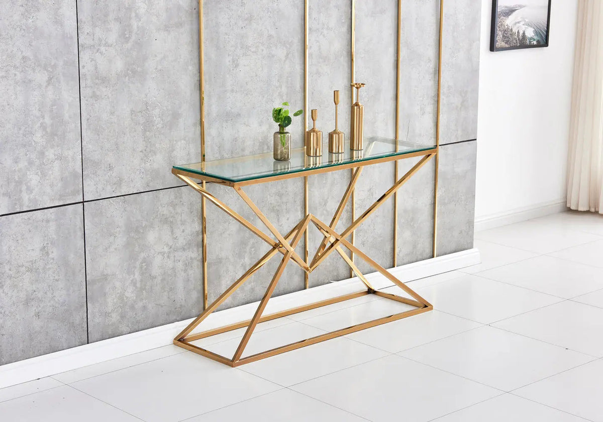 Console dorée design acier et verre trempé | Kaelo